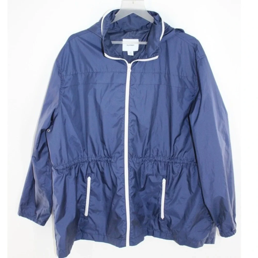 Old‎ Navy Windbreaker Jacket Hooded Cinched Waist XXL Navy Blue